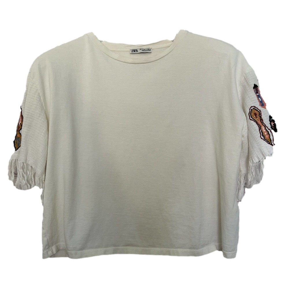 🌵 Zara Boho Cream Embroidered Boho Aztec Fringe Sleeve Cropped Top - Size Small